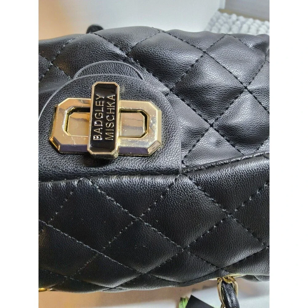 Badgley Mischka Black Quilted Micro Mini Backpack Vegan Leather Dual Straps Adj